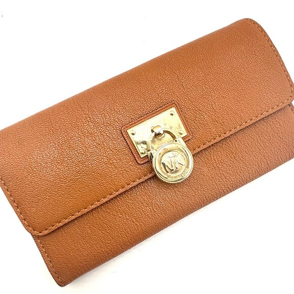 Michael Kors Fulton Hamilton Leather Flap Wallet Brown Gold Lock - Picture 4 of 10